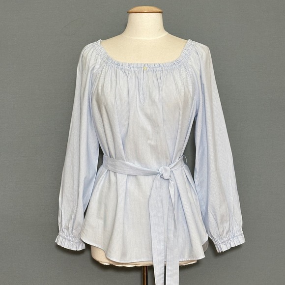LOFT Tops - LOFT Womens Top L Blue White Pinstripe Belted Peasant Feminine AIry Nautical